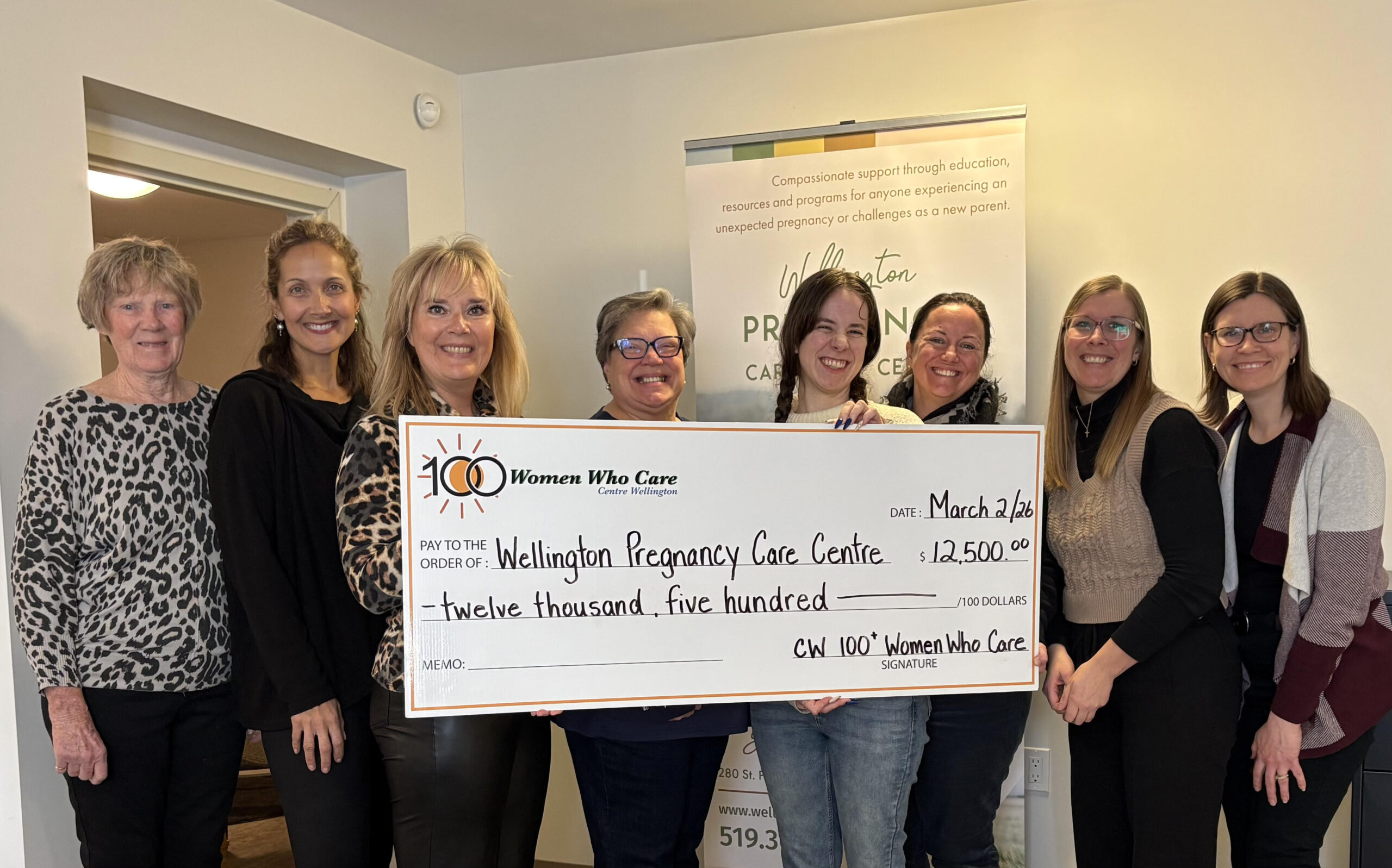March 2, 2026 100 Women CW presented a cheque for $12,500 to the Wellington Pregnancy Care Centre, From left to right: Ann Ironside, Pam Stumpf, Nicole Martin (CW 100 Women Members) Diane Cook (Nominating Member), Mikayla Horsburgh, Chantelle Jones, Henrietta Jonker, and Jannilea Ghezzi. The Wellington Pregnancy Care Centre provides compassionate support through education, resources and programs for anyone expecting an unexpected pregnancy or challenges as a new parent in Wellington County.